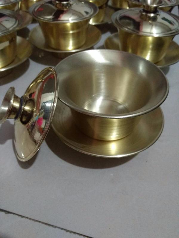 炳权纯紫铜黄铜小茶碗 双层防烫小盖碗
